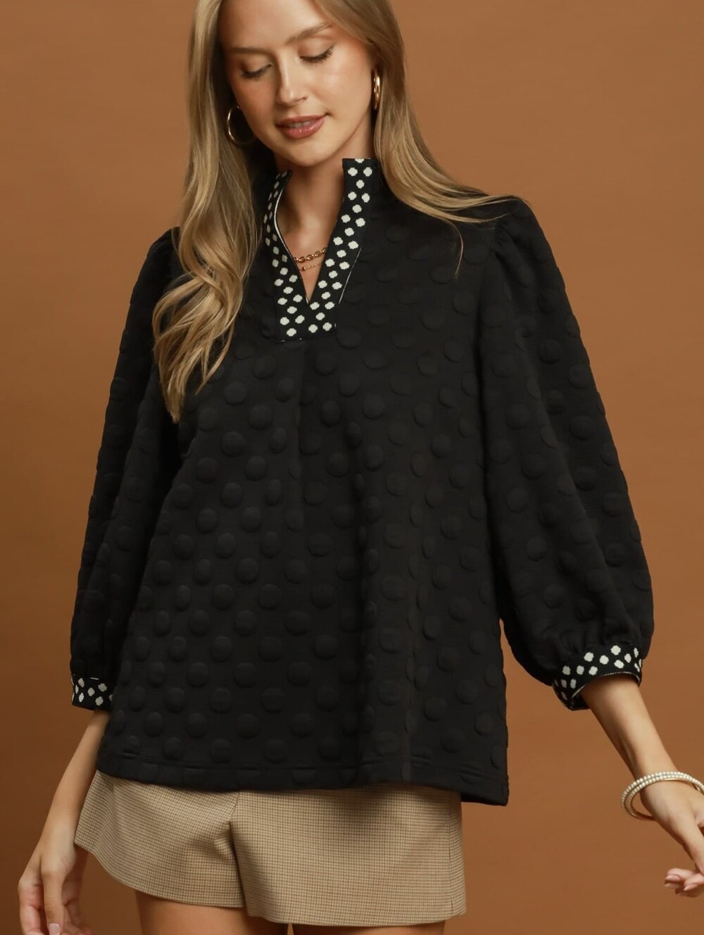 Women’s Navy Textured Dot Pullover Top
